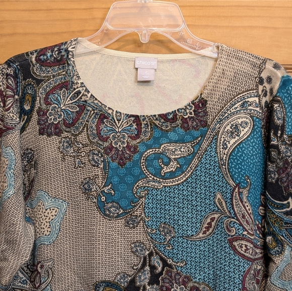 Chico's Sweater Pullover 2 LG Paisley Floral LS Top Green Brown Boho Artsy Comfy - Picture 2 of 12
